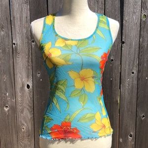 Sheila Moon Sheer Racerback Shirt Top Teal Floral